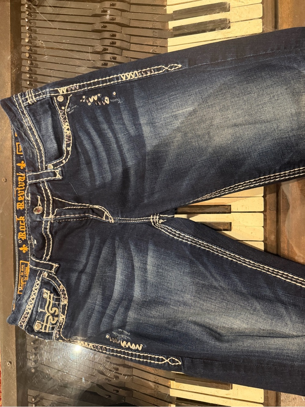 Rock Revival Blue Denim Jeans with White Embroidered Pockets - Picture 2 of 4
